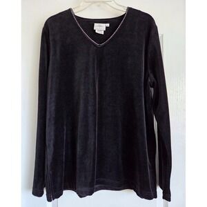 VTG Hot Cotton by Marc Ware‎ Black Velvet Rhinestone V-Neck Long Sleeve Top Sz L